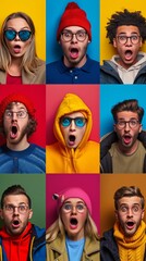 Collage of portraits of surprised people on bright backgrounds. Great for advertising, social media, blogs about psychology and emotions, as well as for educational materials.