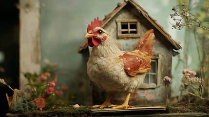 A stuffed hen in a quaint cottage setting