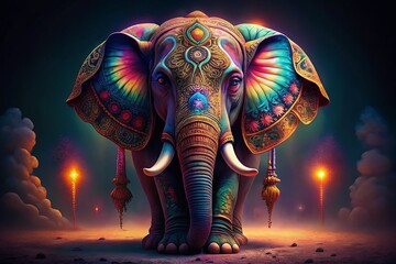Obraz premium Majestic Indian Elephant, Night Photography, Traditional Patterns, White Background