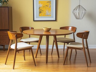 A modern minimalist interior design from a residential dining room with yellow walls hanging with art frames and dining tables and chairs. Generative AI
