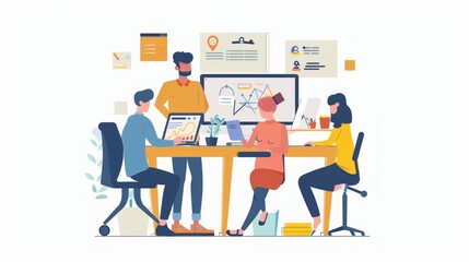A team of professionals analyses data on computers, suitable for illustrating office workflow or collaboration.