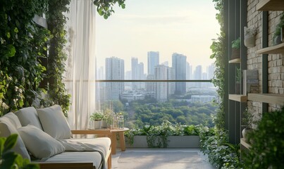 Cozy balcony with greenery overlooking urban skyline in morning light
