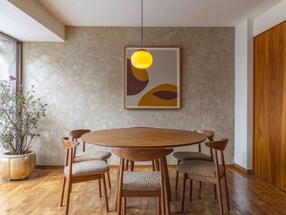 A modern minimalist interior design in a dining room with hanging walls and pendant lights and a round wooden dining table. Generative AI
