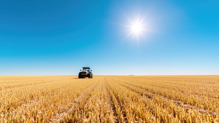 Fototapeta premium Tractor harvesting golden wheat field under bright sun. Agricultural landscape for farming industry