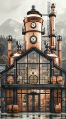 Image of an industrial building with copper pipes and clock. Suitable for illustrating production processes, industrial design, historical tours of factories and plants.
