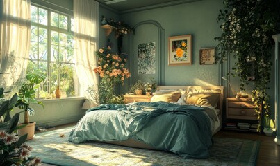 Cozy bedroom with natural light and floral decor in a serene setting