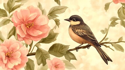 Fototapeta premium Watercolor Bird on Peach Blossom Branch