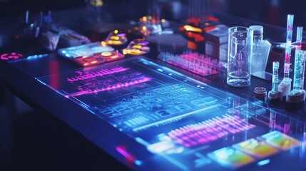 Futuristic laboratory featuring an interactive digital display with scientific data analysis, charts, and graphs alongside test tubes and advanced lab equipment