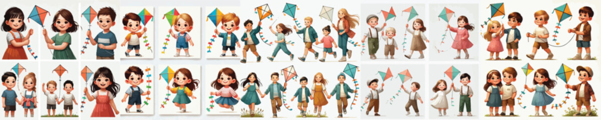 Obraz premium vector set of small children holding kites