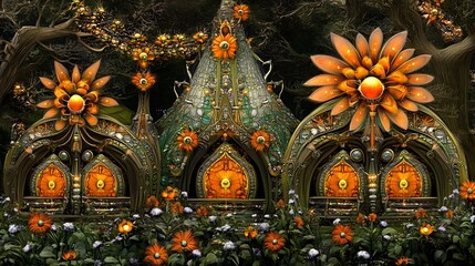 Fototapeta premium Enchanting Fantasy Flower House Magical Garden Gothic Architecture Surreal Art