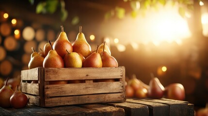 A rustic wooden crate filled with freshly harvested pears, positioned gracefully outdoors, highlighted by soft sunlight filtering through surrounding greenery.