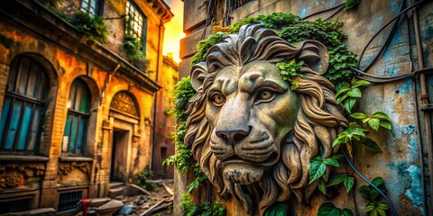 Obraz premium Majestic Lion Head Urban Decay: Concrete Jungle King