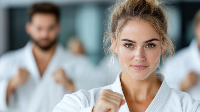 Empowered woman practicing martial arts with focused expression