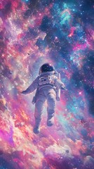 Fototapeta premium Astronaut floating in a vibrant, colorful deep space nebula, surrounded by glowing stars and drifting asteroids in the vast cosmos