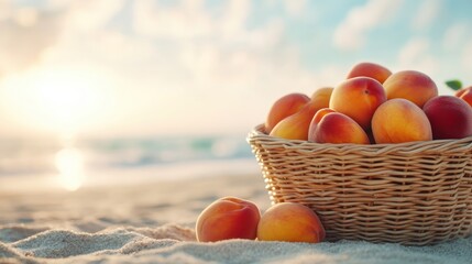 A beautiful woven basket filled with ripe peaches highlights the contrast of natural bounty against the serene backdrop of a sandy beach at sunset, evoking summer bliss.