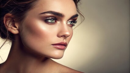 Fototapeta premium A closeup portrait presents a face partially in shadow with the right side beautifully lit emphasizing the natural beauty of the skin and the sparkle in the eye. The background