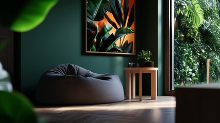 Serene Green Room Interior Design with Beanbag Chair and Tropical Plants