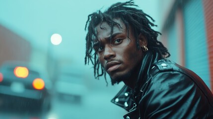 An intense urban scene featuring a man thoughtfully looking away amidst a rainy environment, accentuated by glowing city lights and blurred vehicle movement in the background.