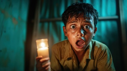 A scared boy holds a flickering candle in a dark room, illuminating his fearful expression and evoking a strong emotional response to the fear of the unknown.