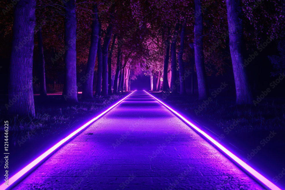 Poster purple light effect creating a straight line through a surreal path in nature