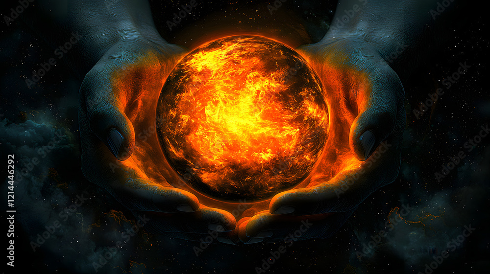 Poster two hands gripping a glowing fire ball in a dark environment creating a striking visual effect