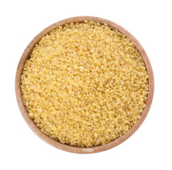 Raw bulgur in wooden bowl isolated on white, top view