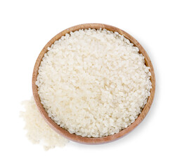 Raw rice in wooden bowl isolated on white, top view