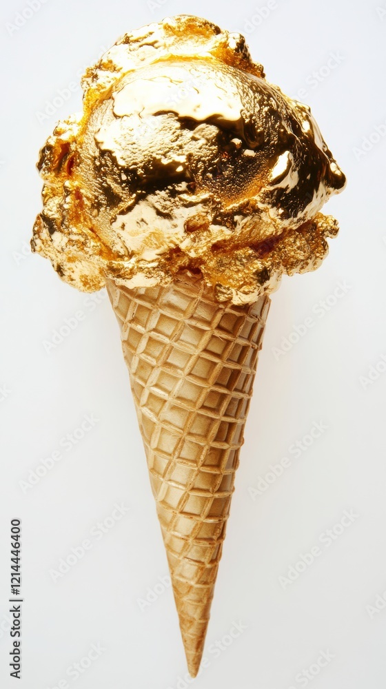 Poster Golden ice cream melting on a crispy waffle cone, representing luxury, indulgence, and wealth