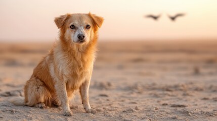 A captivating sandy landscape with a dog sitting still as birds fly overhead, illustrating the harmonious relationship between animals and nature.