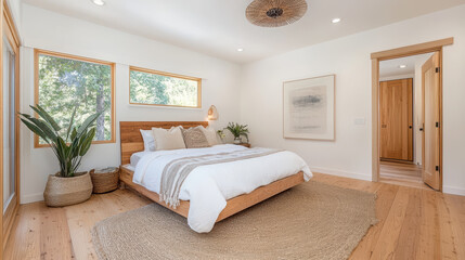 serene bedroom featuring wooden bed, natural decor, and bright windows