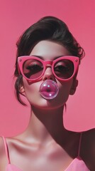 Young model wearing pink sunglasses, blowing chewing gum bubble against vibrant pink backdrop