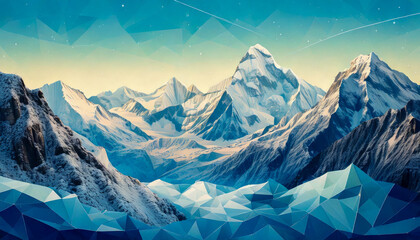 Delicate ice patterns and snow-covered mountains in an abstract winter design with soft color tones.