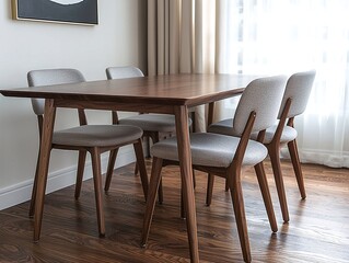 A close-up shot of a wood table in a minimalist interior dining room. Generative AI
