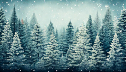 Delicate winter forest pattern with snow-covered pines and scattered snowflakes in soft, muted tones.