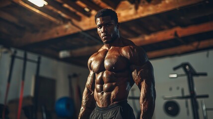 With beads of sweat glistening on his skin, a muscular athlete prepares mentally and physically for an intense workout in a shadowy gym filled with equipment. Enthusiasm and determination radiate