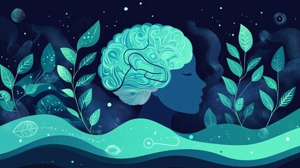 Flat design illustration of mental health symbols: abstract brain, growth leaves, and soothing waves in tranquil blues and greens.