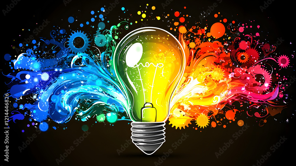 Poster colorful light bulb with splashes of paint creating an artistic and vibrant visual effect