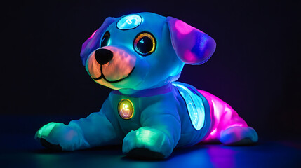 A stuffed robot dog with glowing fabric and interactive buttons
