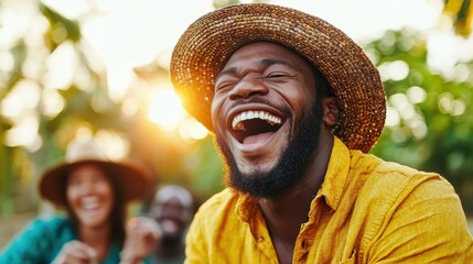 A smiling man in a hat is captured enjoying life at sunset, surrounded by friends, embodying joy and warmth in a serene natural environment enriched by golden light.