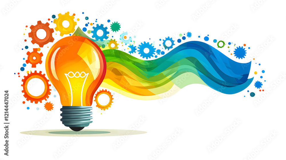 Poster light bulb with gears and mechanical components emerging from it illustrating innovation and creativ