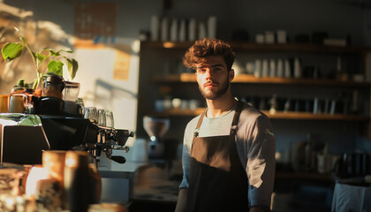 A young male barista in a coffee shop