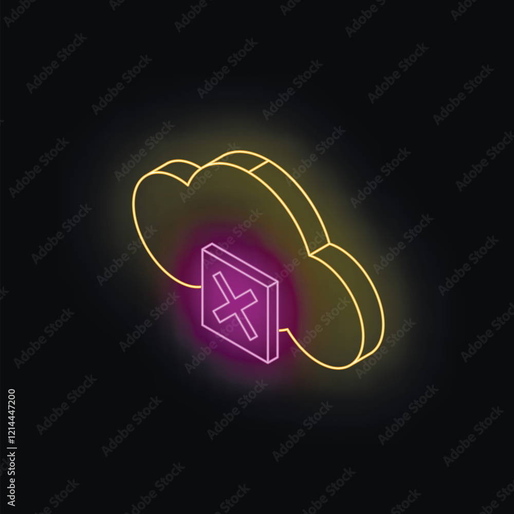 Poster glowing neon cloud computing icon with a cross sign, indicating a disconnection or error message, on