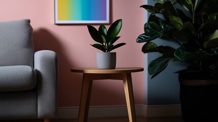 Serene Living Room Interior with Plants and Pastel Walls
