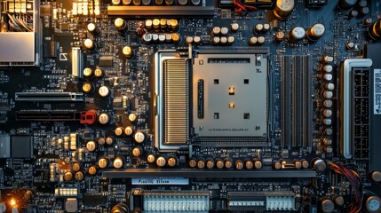 A detailed close-up view of the internal hardware of a computer. The scene focuses on key components such as the motherboard, CPU, GPU, RAM sticks, and cooling system, all neatly installed inside a mo