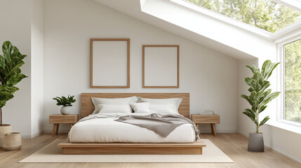 Bright bedroom with large skylight, wooden furniture, and plants