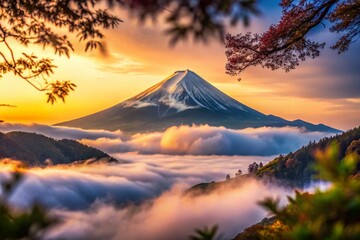 Fototapeta premium Majestic Mount Fuji Emerging from Misty Clouds: Breathtaking Japanese Landscape Photography