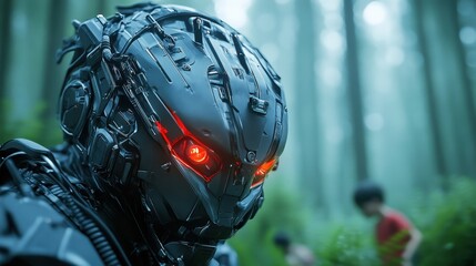 Fototapeta premium A sleek, futuristic robot with glowing red eyes stands prominently in a serene forest environment, embodying the clash between technology and nature seamlessly.