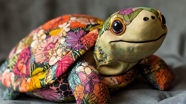 A stuffed turtle with a floral patterned shell and a smiling face
