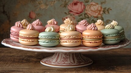 A variety of colorful macarons elegantly displayed on a vintage cake stand with floral decorations.
