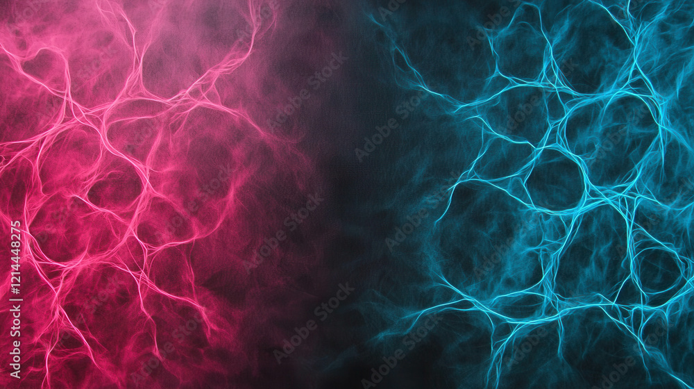 Poster smooth intertwining lines of soft glowing light in pink and blue colors on a dark background